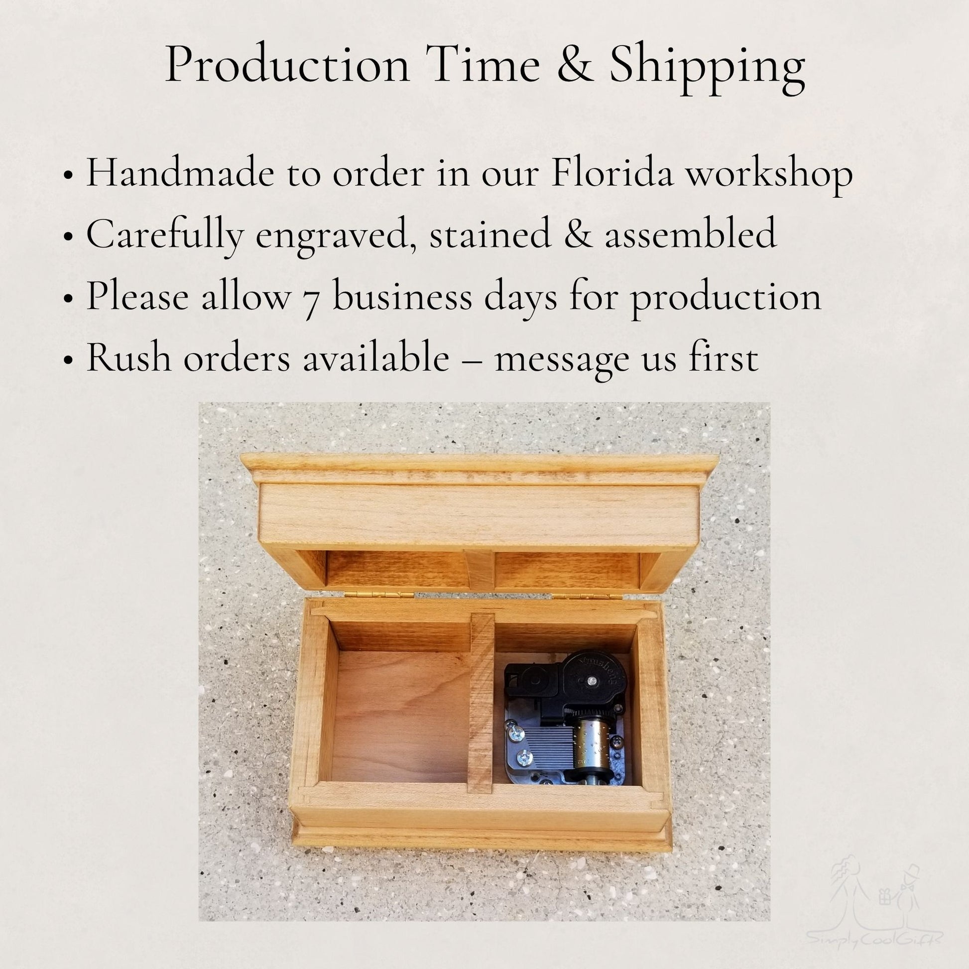 Wooden music box with engraved details on a textured surface, with text about production time and shipping.