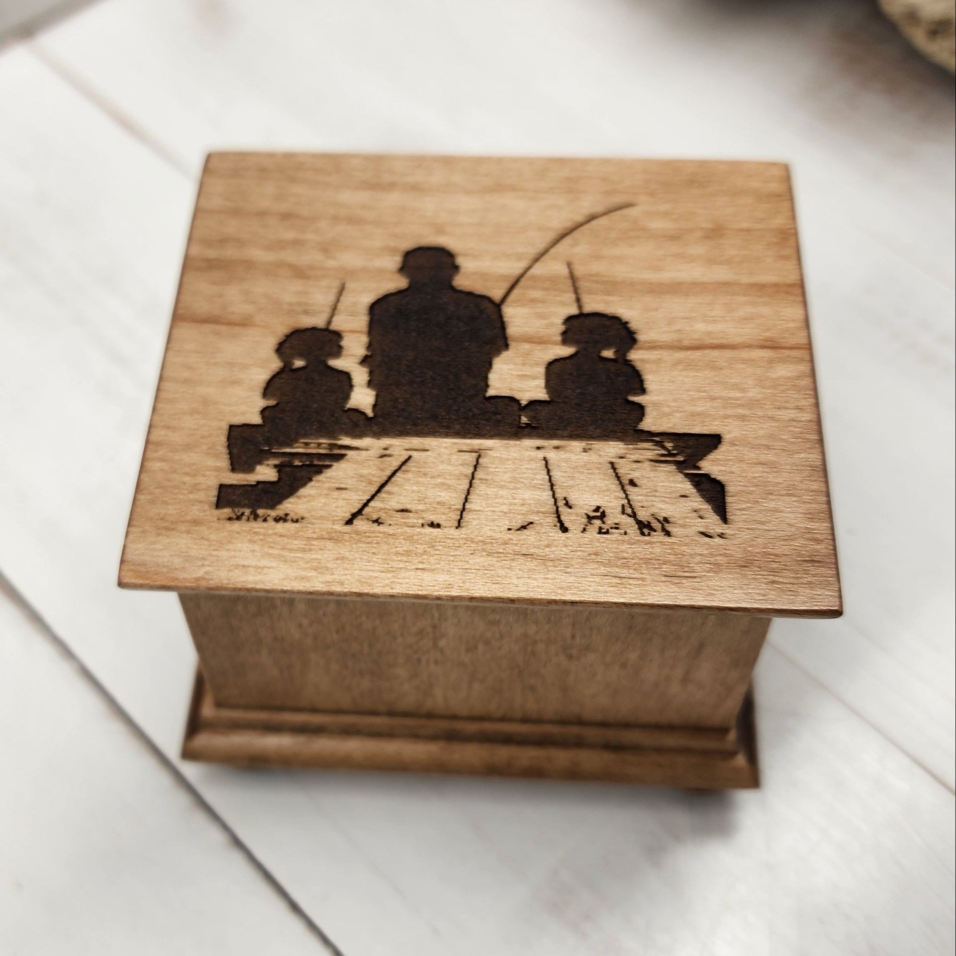 twin girls fishing with Dad silhouette engraved music box, choose song and color, Butterfly Kisses, I want to hold your hand, Stand by me