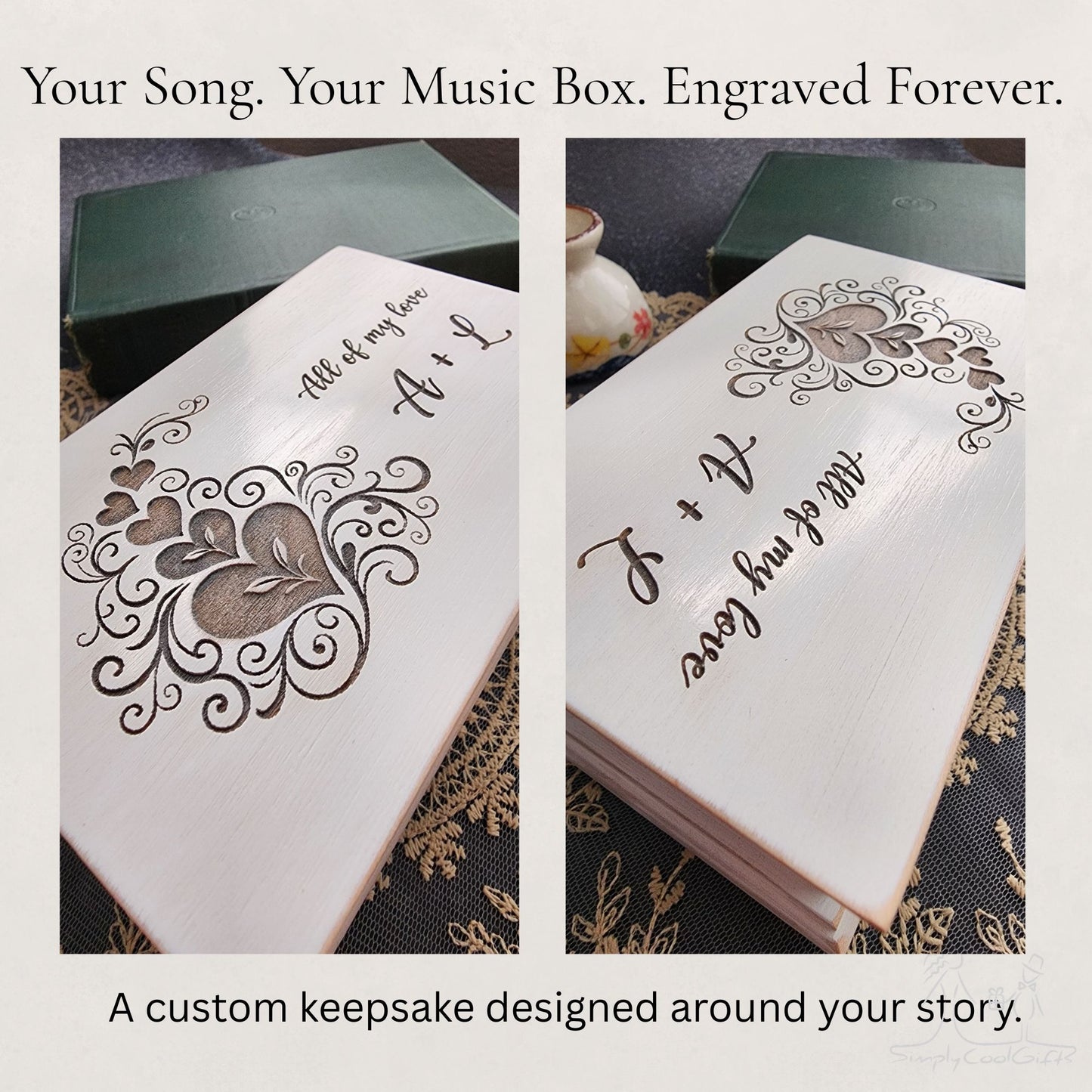 Two views of a custom engraved music box with decorative text and heart designs.