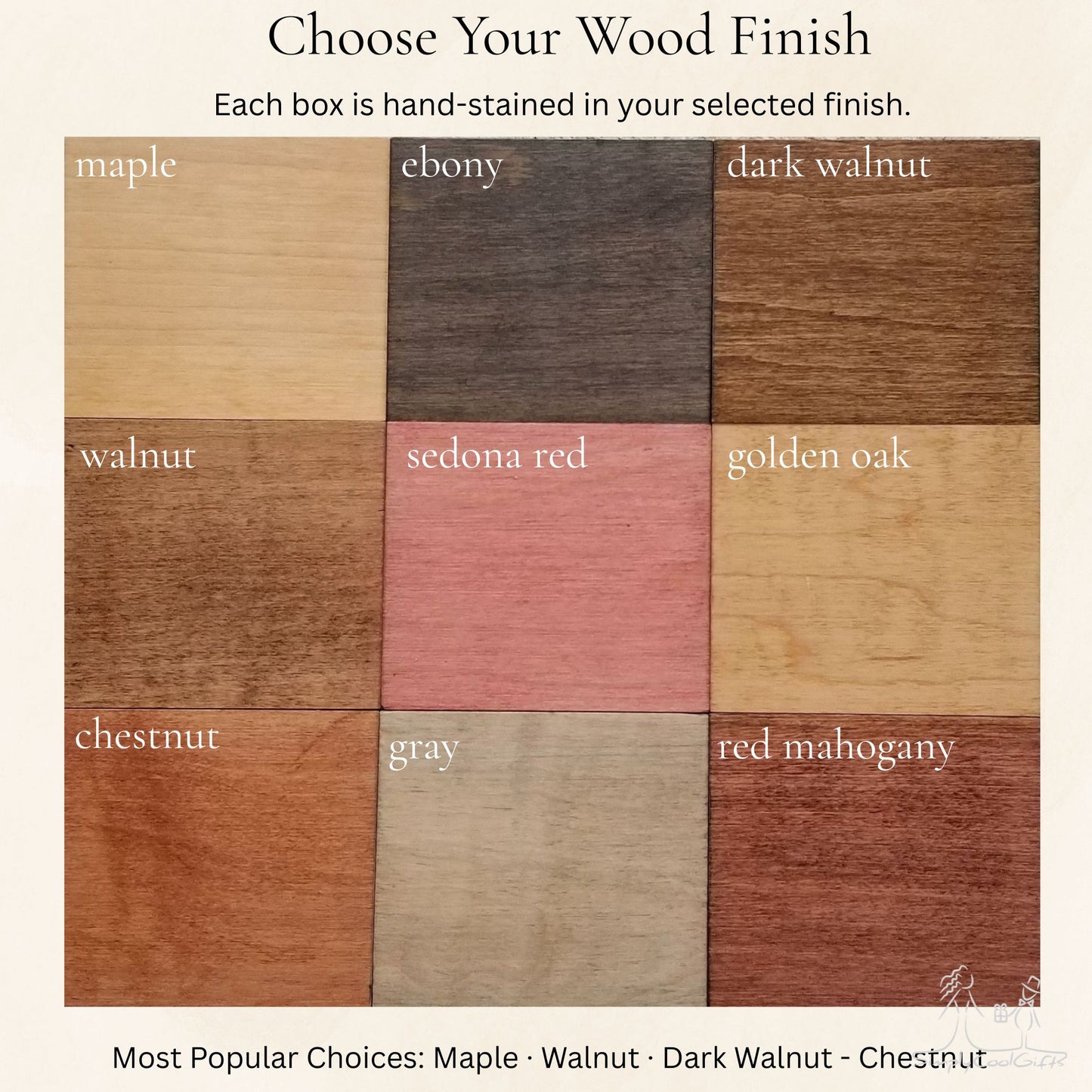 Wood finish swatch chart with various wood stain colors and labels. 9 color options to choose from: maple, ebony, dark walnut, walnut, sedona red, golden oak, chestnut, gray and red mahogany
