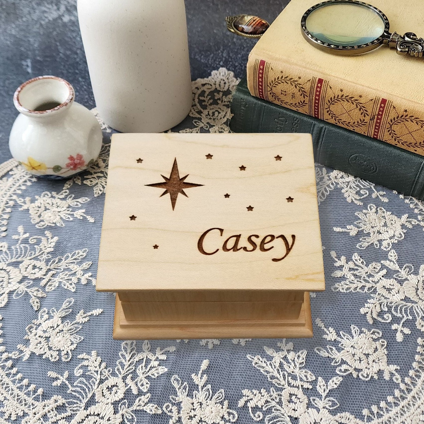 wooden music box with stars and name is the perfect baby gift, choose song and color
