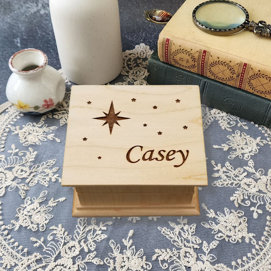 wooden music box with stars and name is the perfect baby gift, choose song and color
