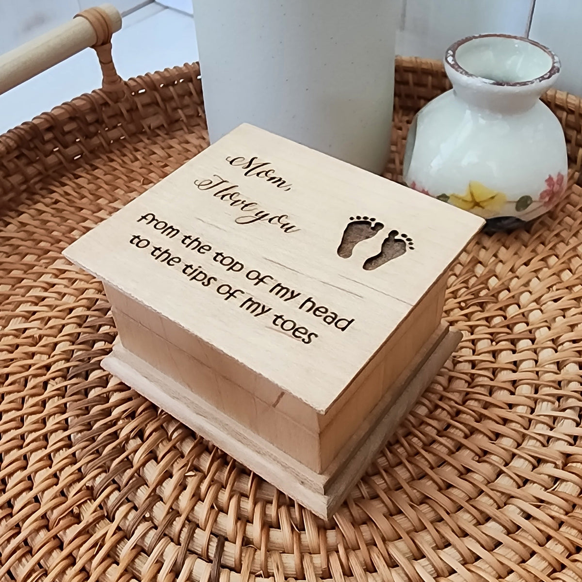 Mom music box engraved with baby footprints and loving message