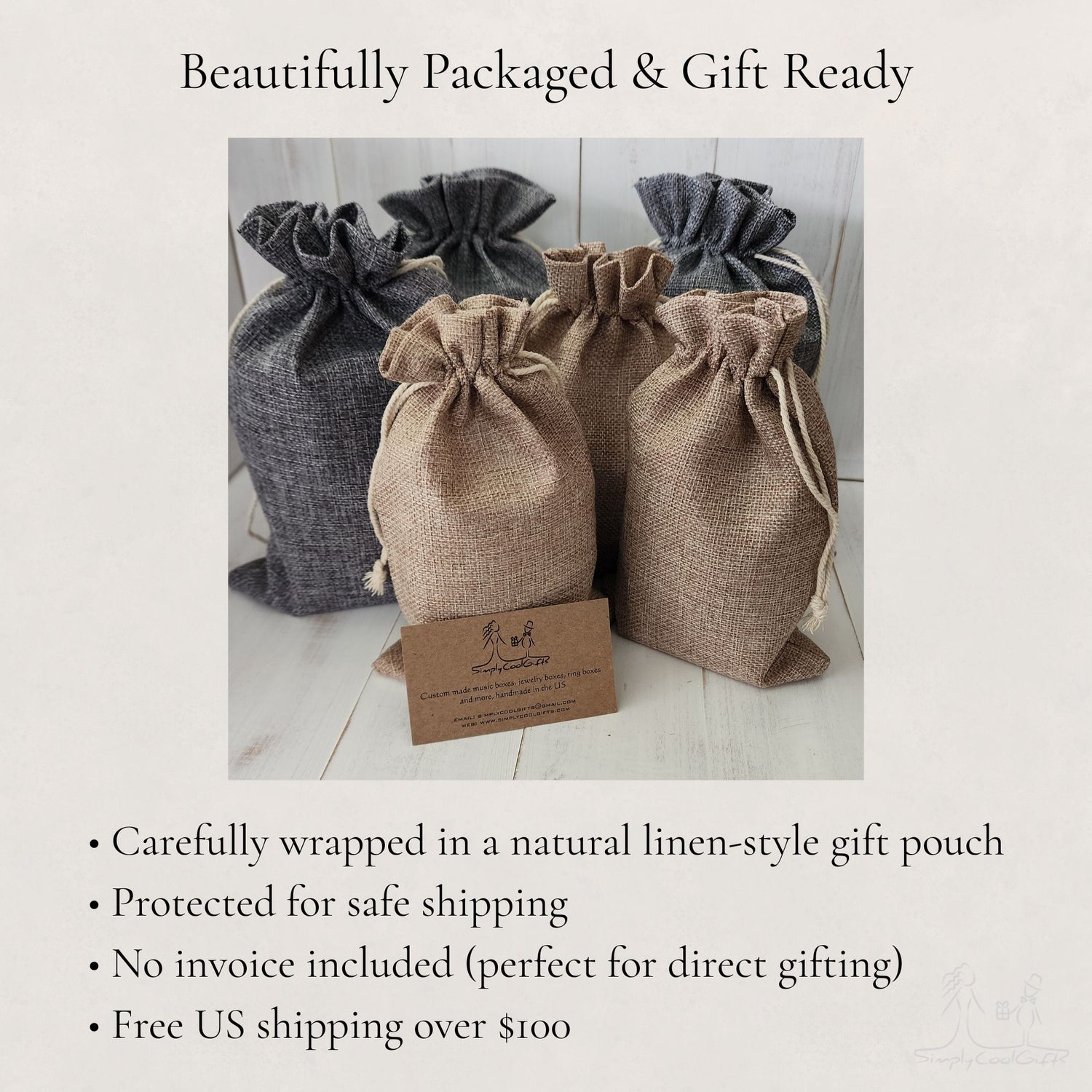Six linen-style gift pouches on a light wooden floor with text about packaging and shipping.