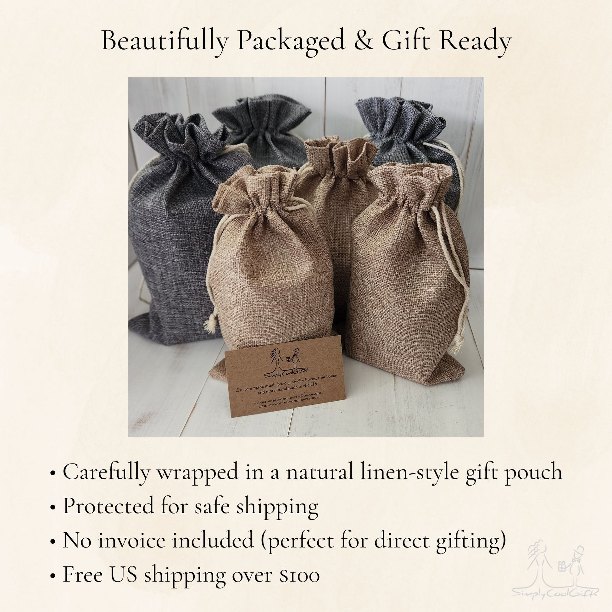 Linen-style gift pouches on a light background with text about packaging and shipping.