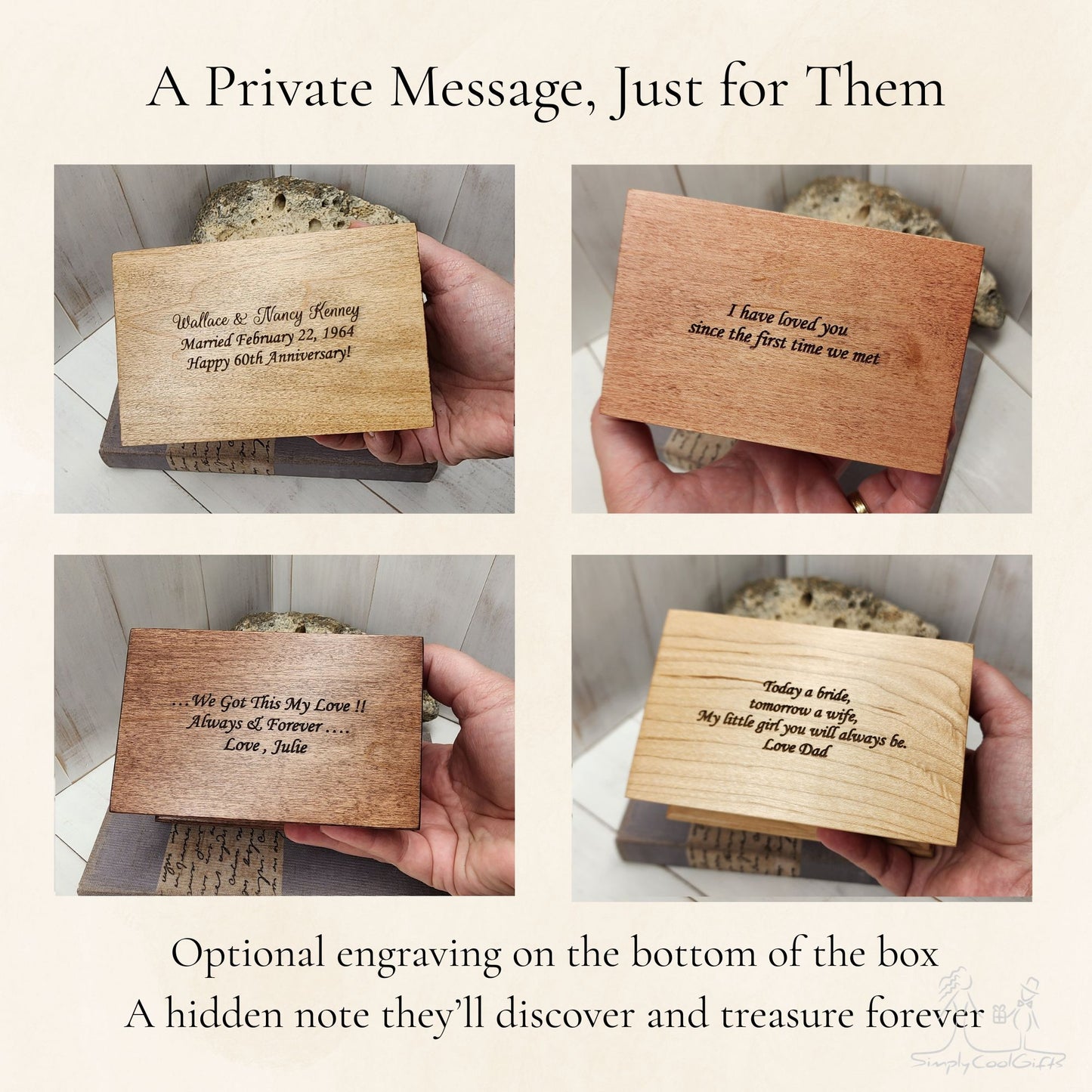 Music boxes with engraved messages, held by hands against a neutral background.