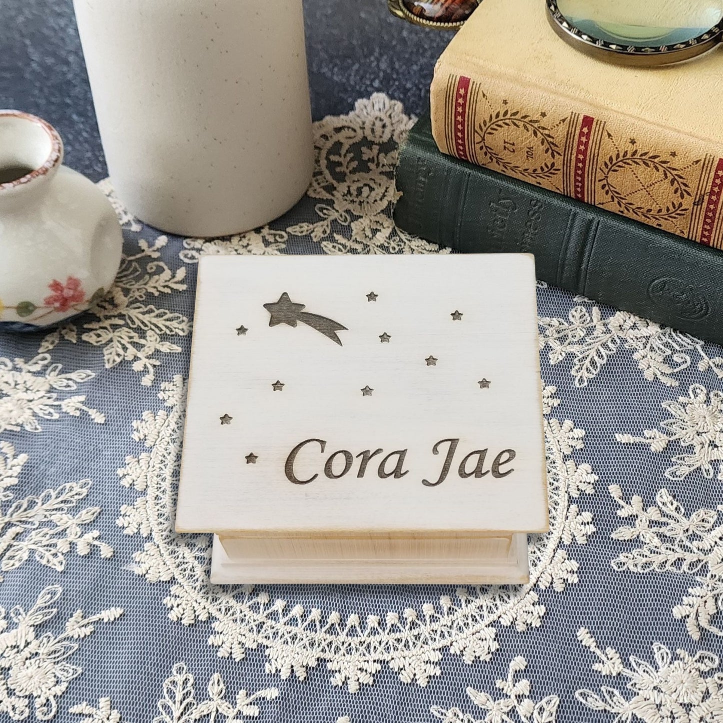  engraved music box with shooting star, stars and name, choose color and song like Twinkle twinkle little star or When you wish upon a star