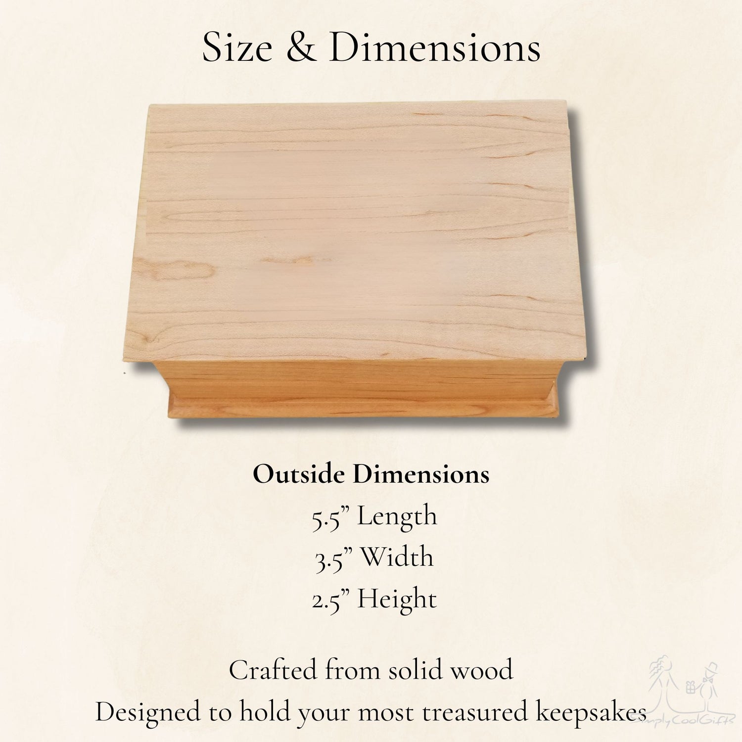 This musical jewelry box approximately measure: (W x D x H): 5,5 in x 3,5 in x 2,5 in
14 cm x 8,8 cm x 7 cm