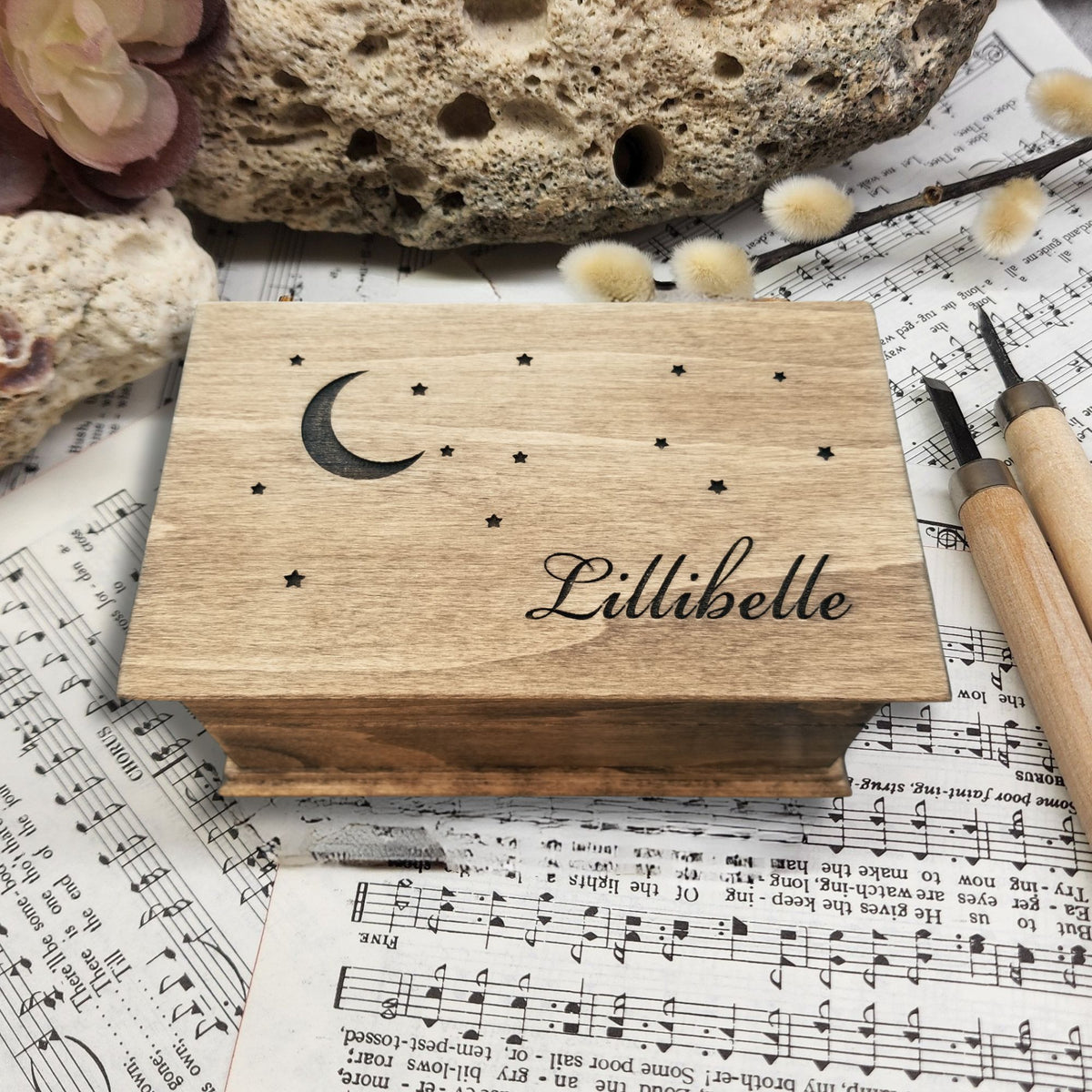 Personalized Moon & Stars Music Box – Large Handmade Wind-Up Wooden Keepsake (16 Colors)