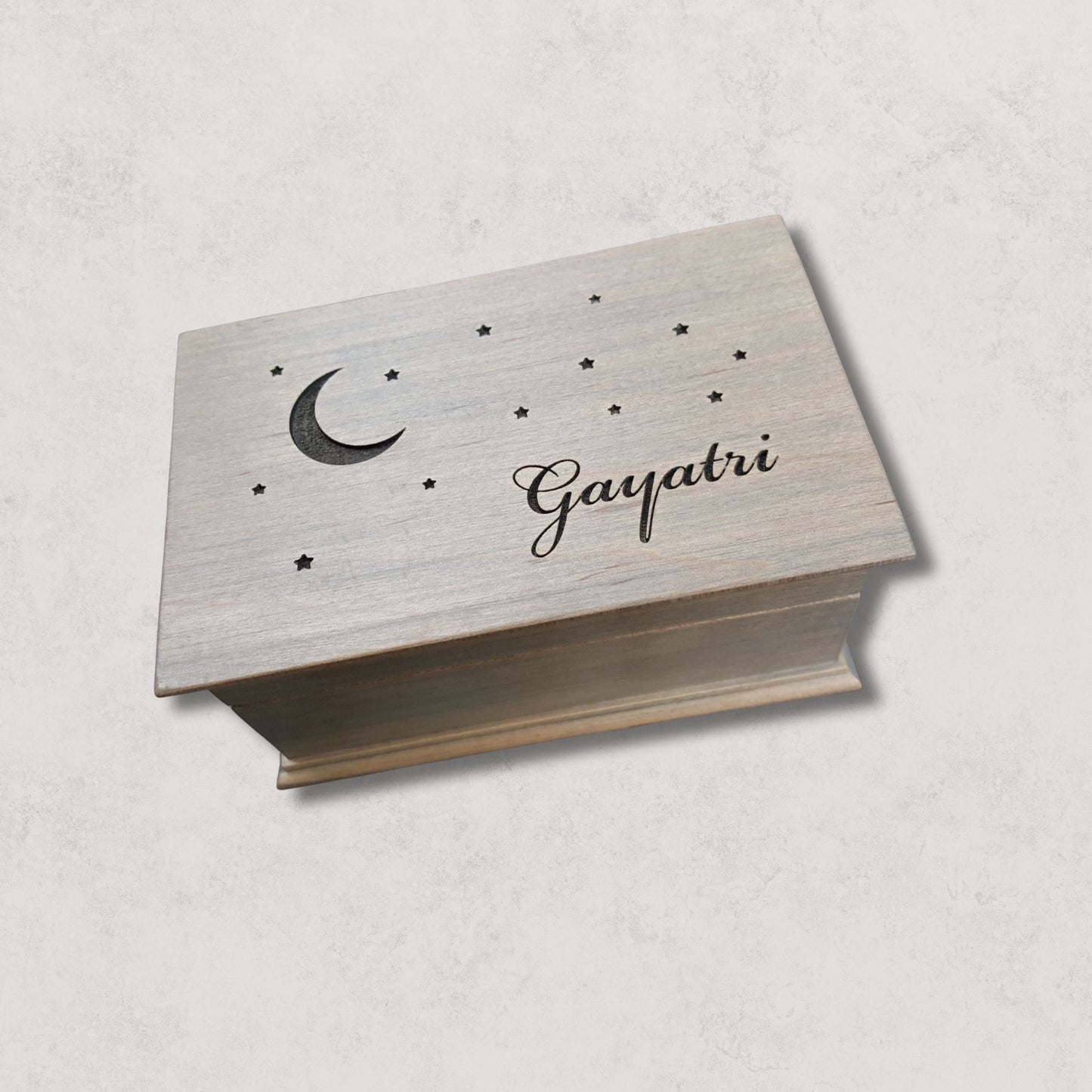 Personalized Moon & Stars Music Box – Large Handmade Wind-Up Wooden Keepsake (16 Colors)