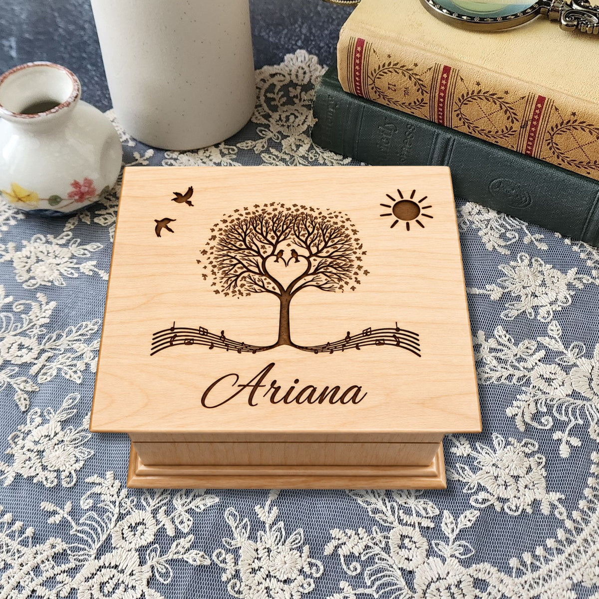 Personalized Music Tree Music Box – Wooden Wind-Up Box with Name