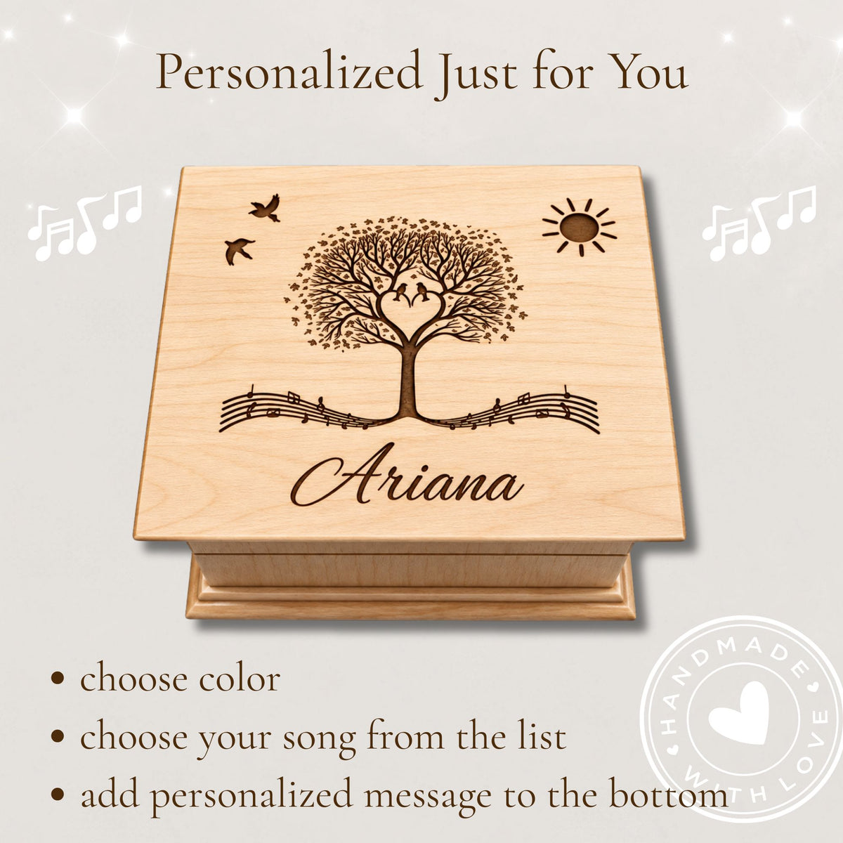 Personalized Music Tree Music Box – Wooden Wind-Up Box with Name