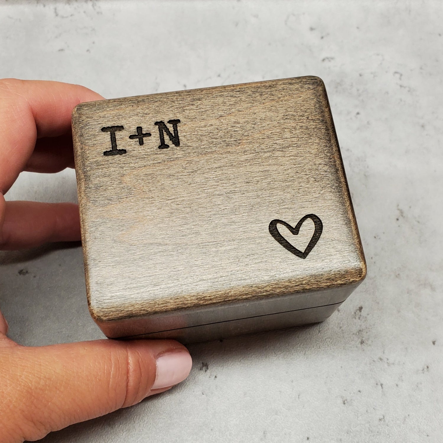 monogrammed ring box with a heart added on the top in ebony, engagement box with music player, custom-made by Simplycoolgifts