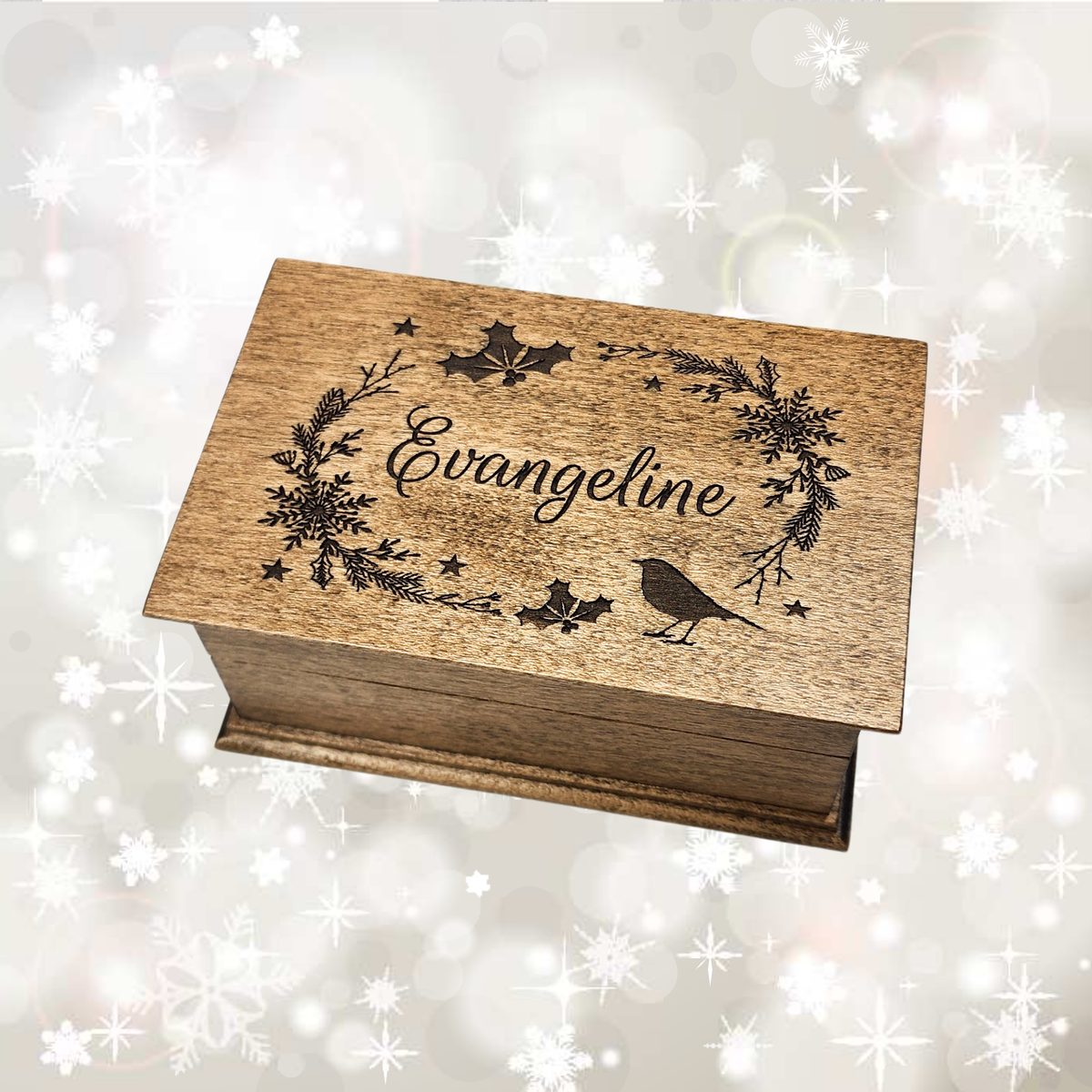 Wooden Jewelry Box with Christmas wreath and a name engraved on the top, choose 9 colors, add your song to create your one-of-a-kind keepsake