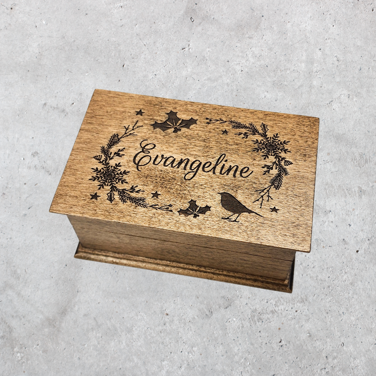 Personalized Christmas music box with engraved name and holiday wreath design, choose your song, color and add a personalized engraving to the bottom side of the box to create and unforgettable keepsake