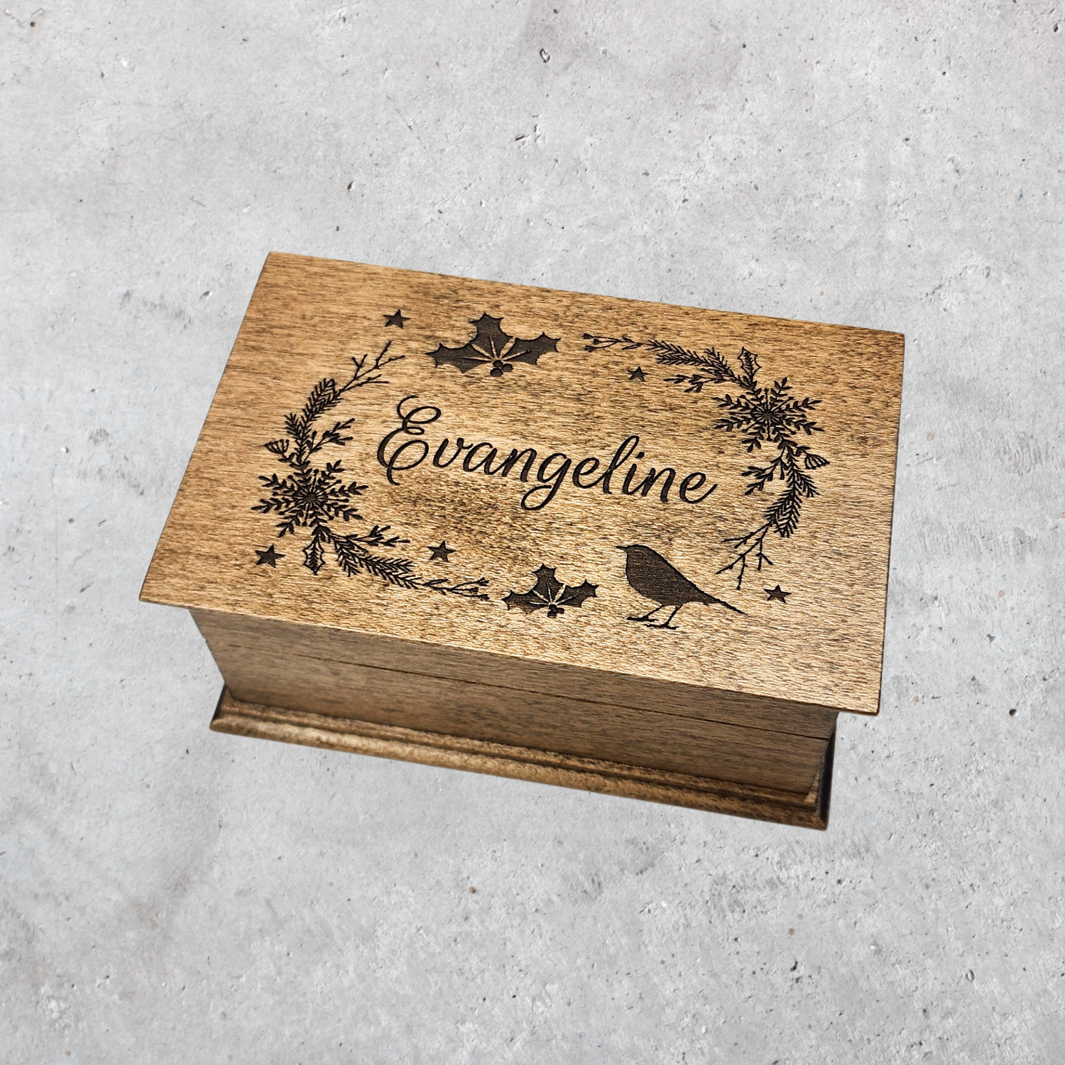 Personalized Christmas music box with engraved name and holiday wreath design, choose your song, color and add a personalized engraving to the bottom side of the box to create and unforgettable keepsake