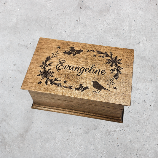 Personalized Christmas music box with engraved name and holiday wreath design, choose your song, color and add a personalized engraving to the bottom side of the box to create and unforgettable keepsake