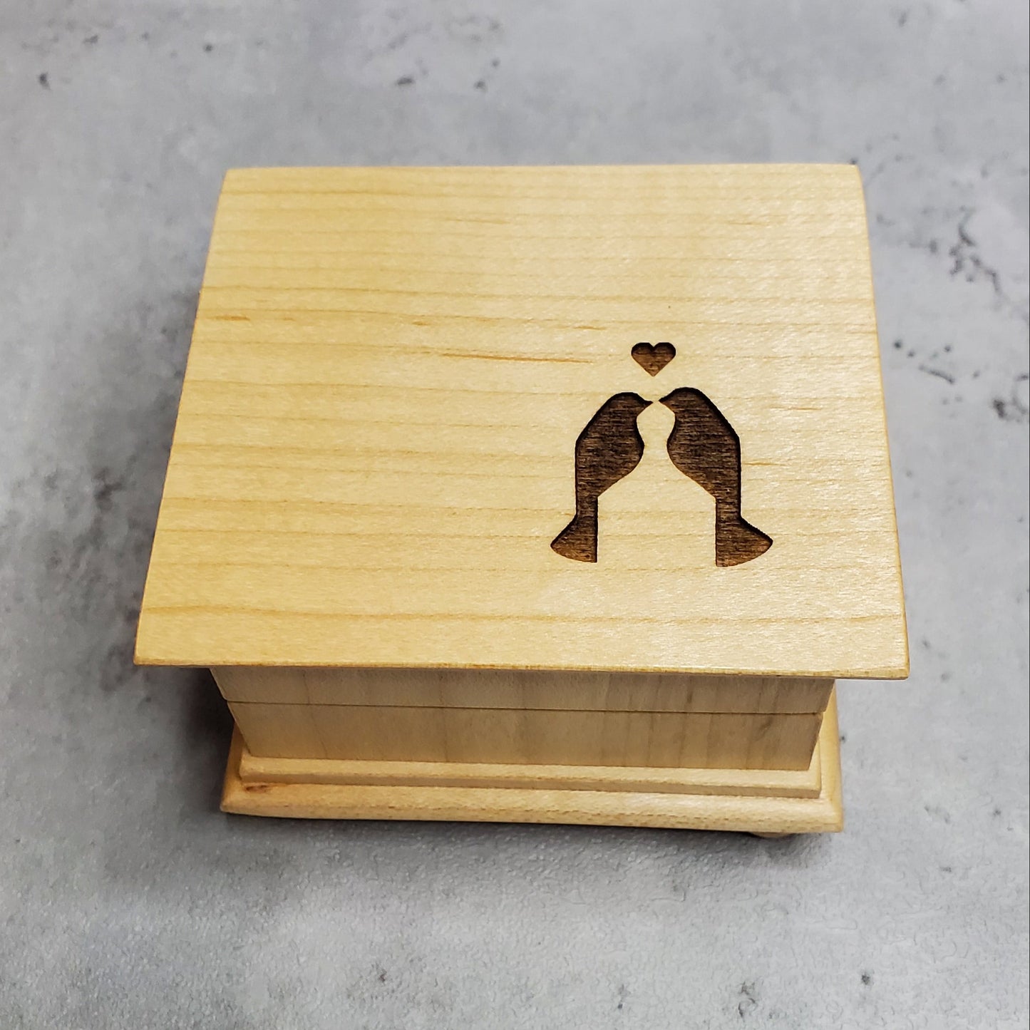 Wooden music box with 2 love birds engraved facing each other with a heart above them, choose color, song, add personalized message