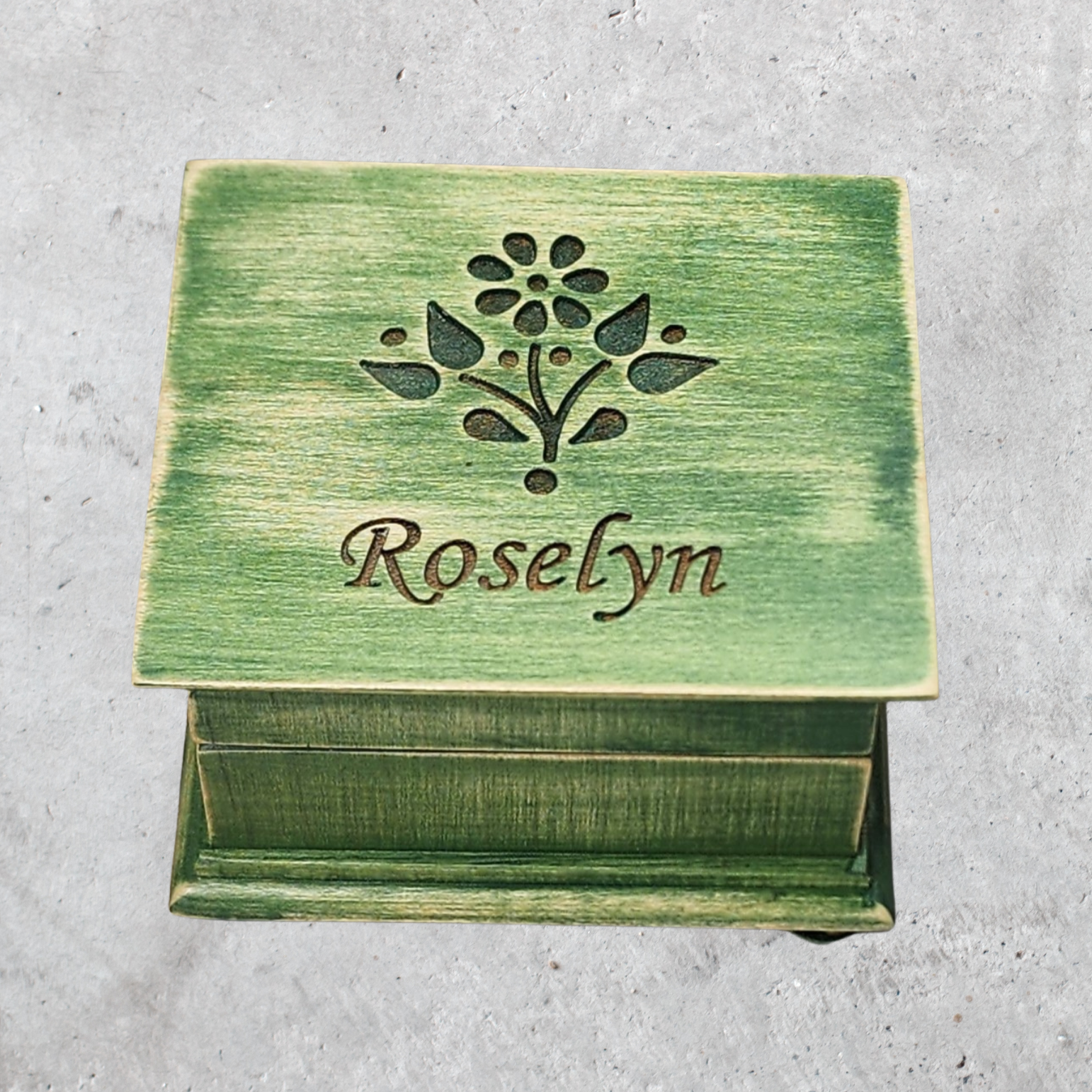 Green wooden personalized music box with engraved flower and custom name