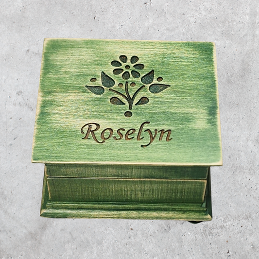 Green wooden personalized music box with engraved flower and custom name