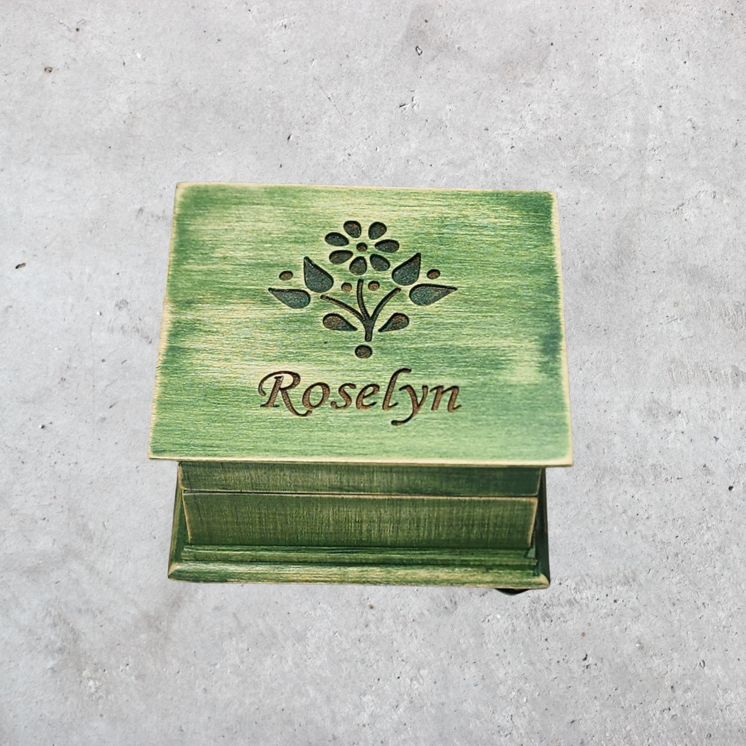 Green wooden personalized music box with engraved flower and custom name