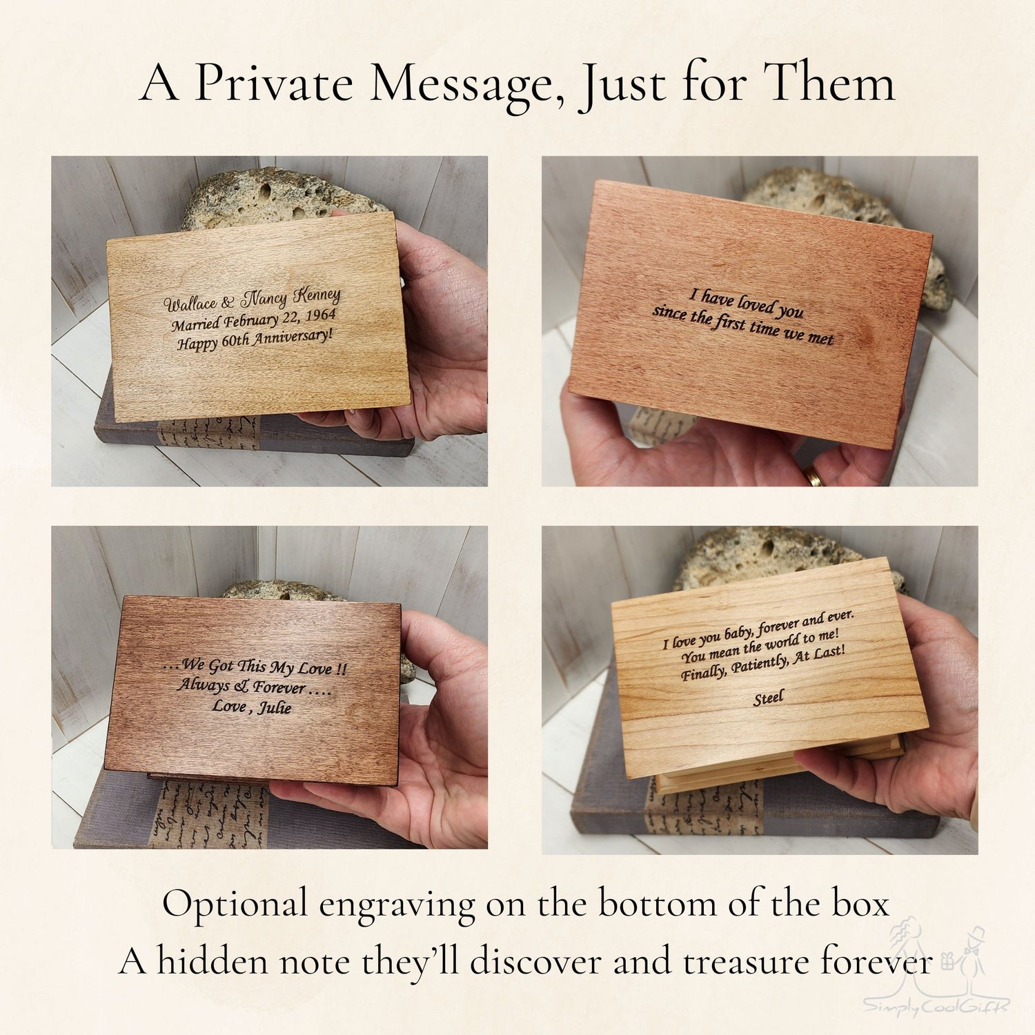 Wooden music boxes flipped upside down with engraved messages, held by hands against a neutral background.
