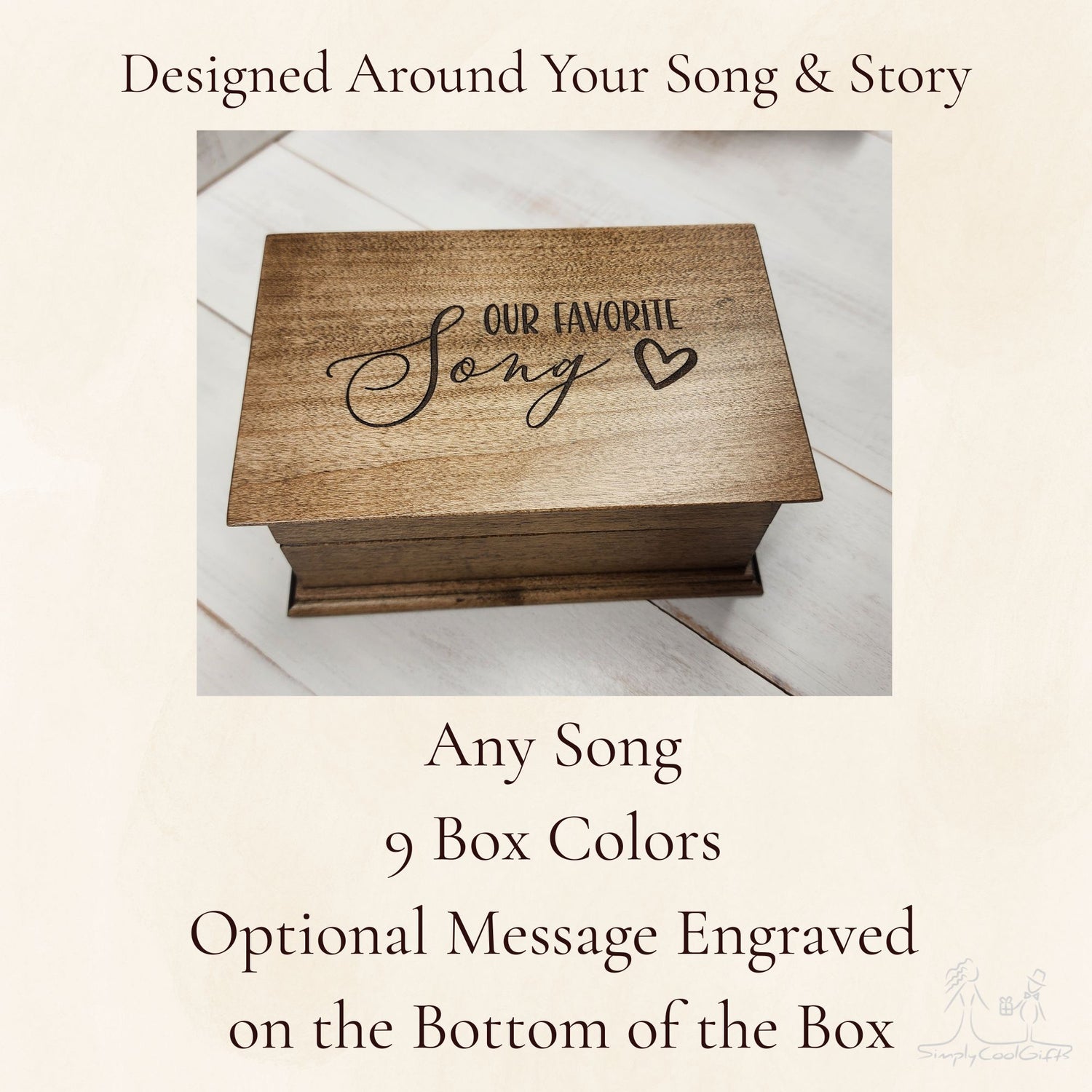 Wooden music box with engraved text 'Our Favorite Song' on a light background