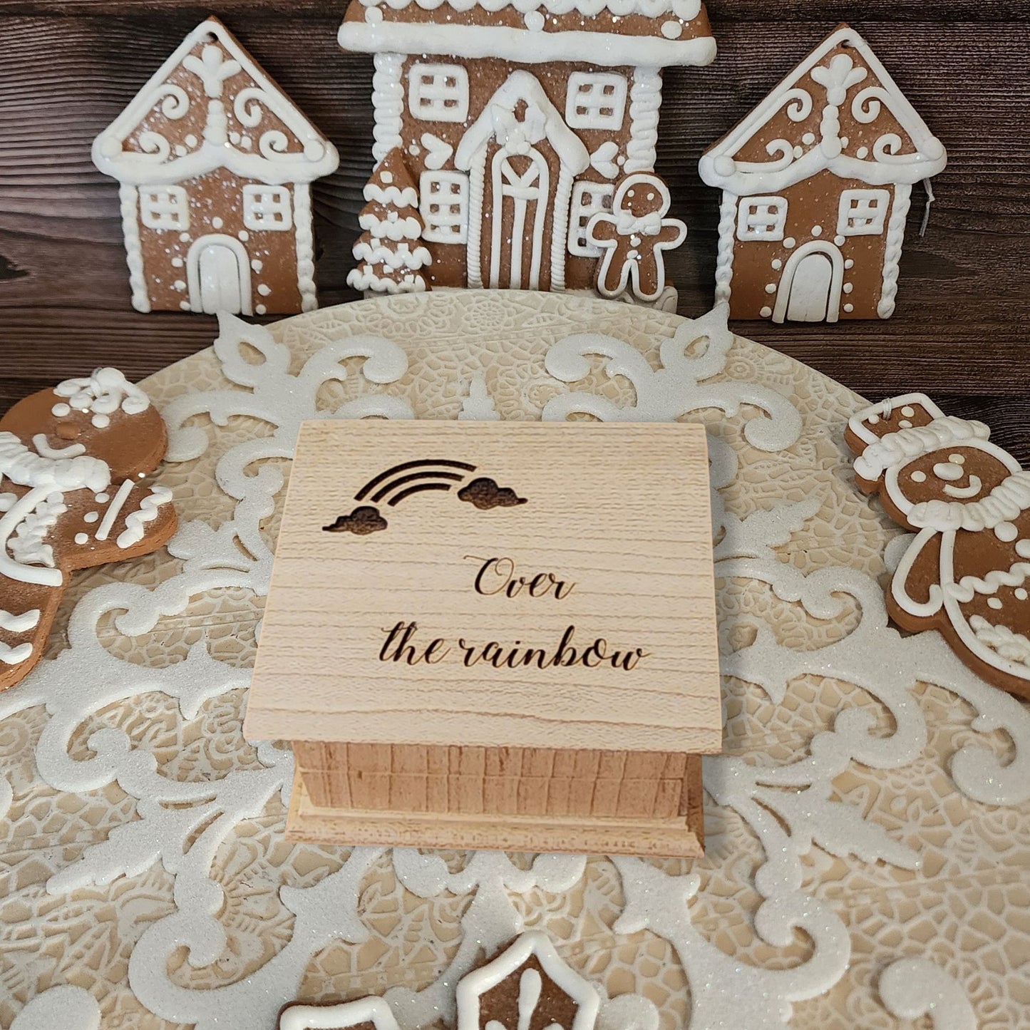Over the rainbow engraved wooden music box in a Christmas theme - Gingerbread house setting
