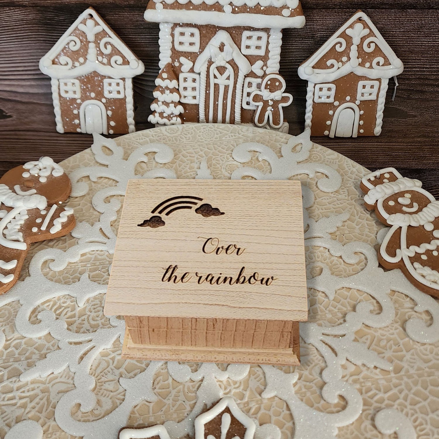 Over the rainbow engraved wooden music box in a Christmas theme - Gingerbread house setting
