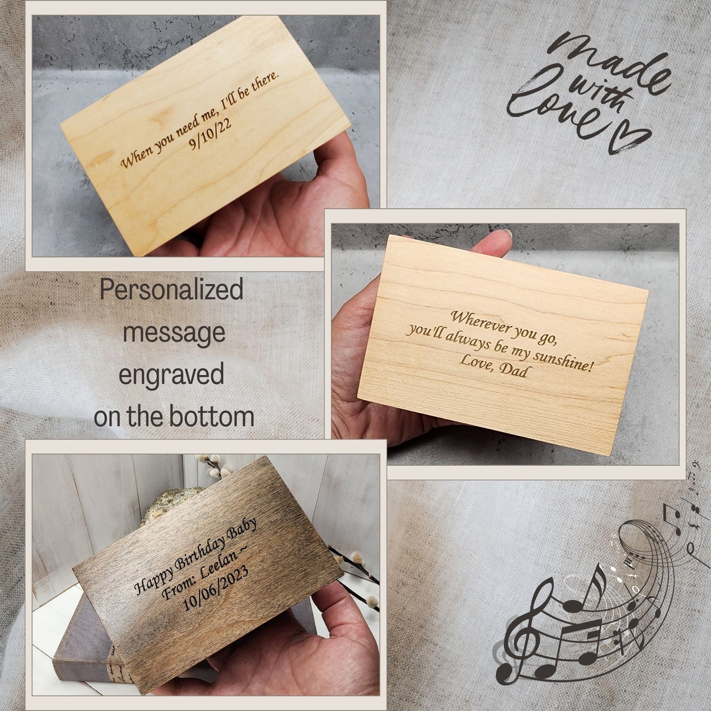 Personalized wooden jewelry box with engraved messages on the bottom side of the box