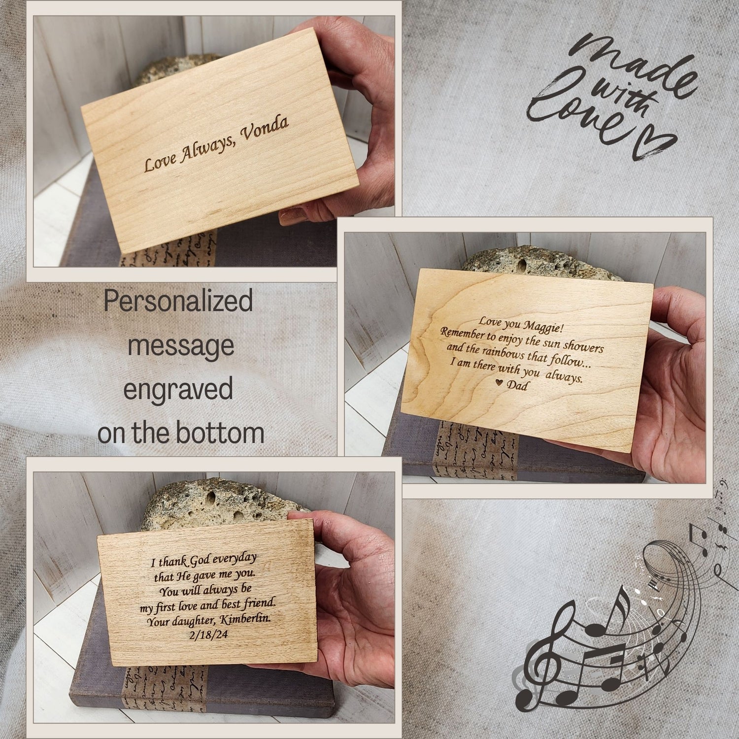 Personalized engraving samples to the bottom side of the music box. With these additional engravings, endless song choices and 9 different color choices you can create a truly unique gift to cherish for years to come. Each music box is individually handmade in our small family workshop in Sarasota, Florida. 
