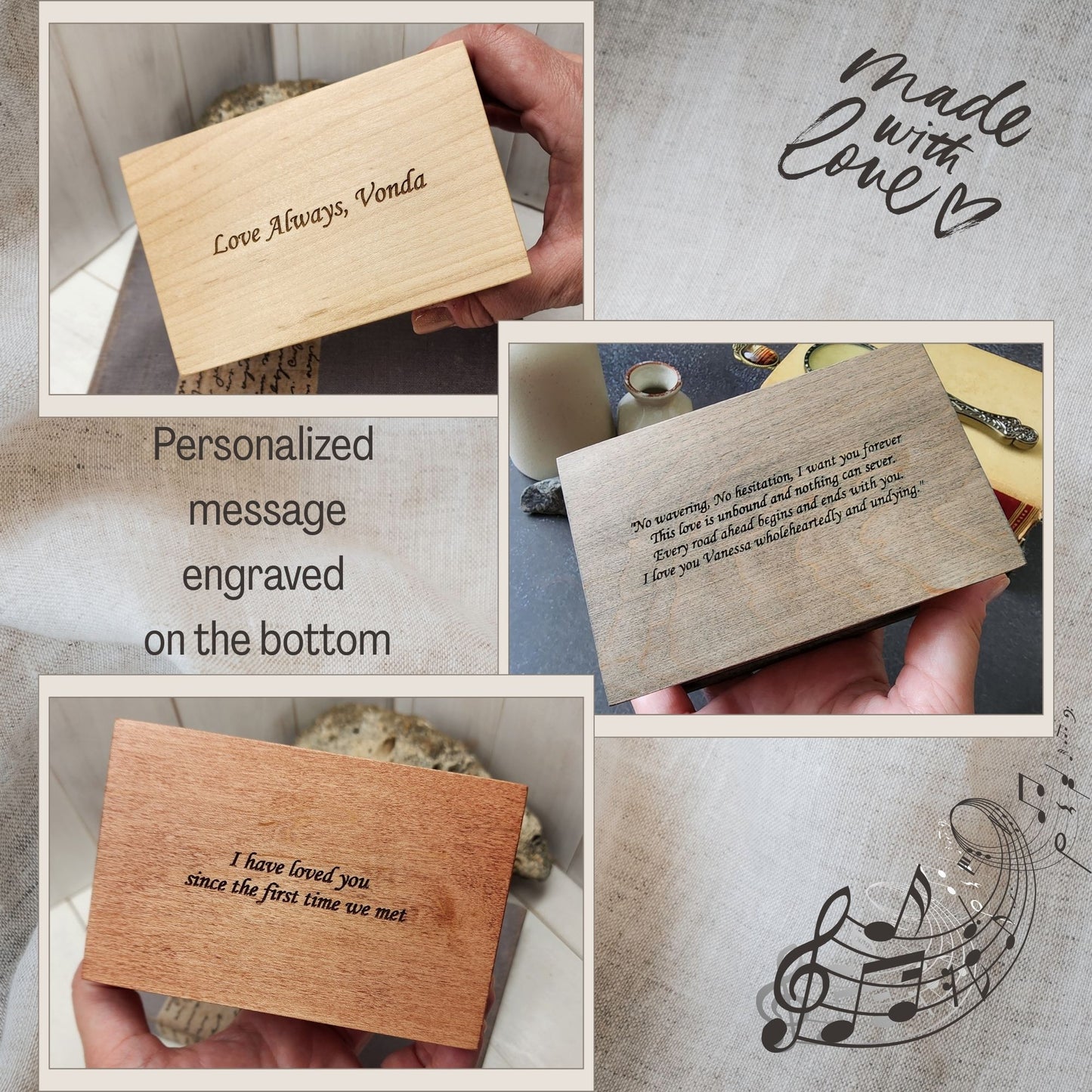 Collage of wooden cards with engraved messages, held by hands and placed on a textured surface.