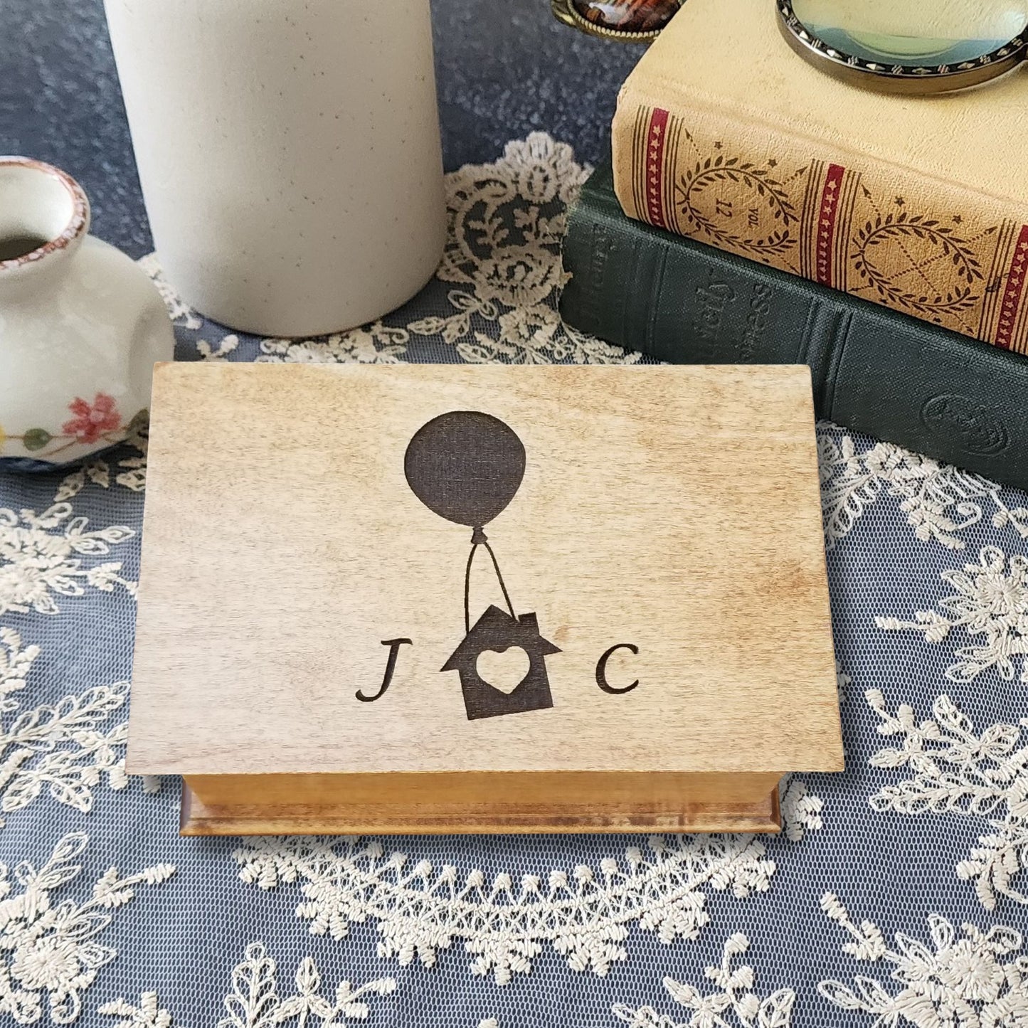 Balloon House Flying Up Music Box with initials, choose color, add personalized message to the bottom