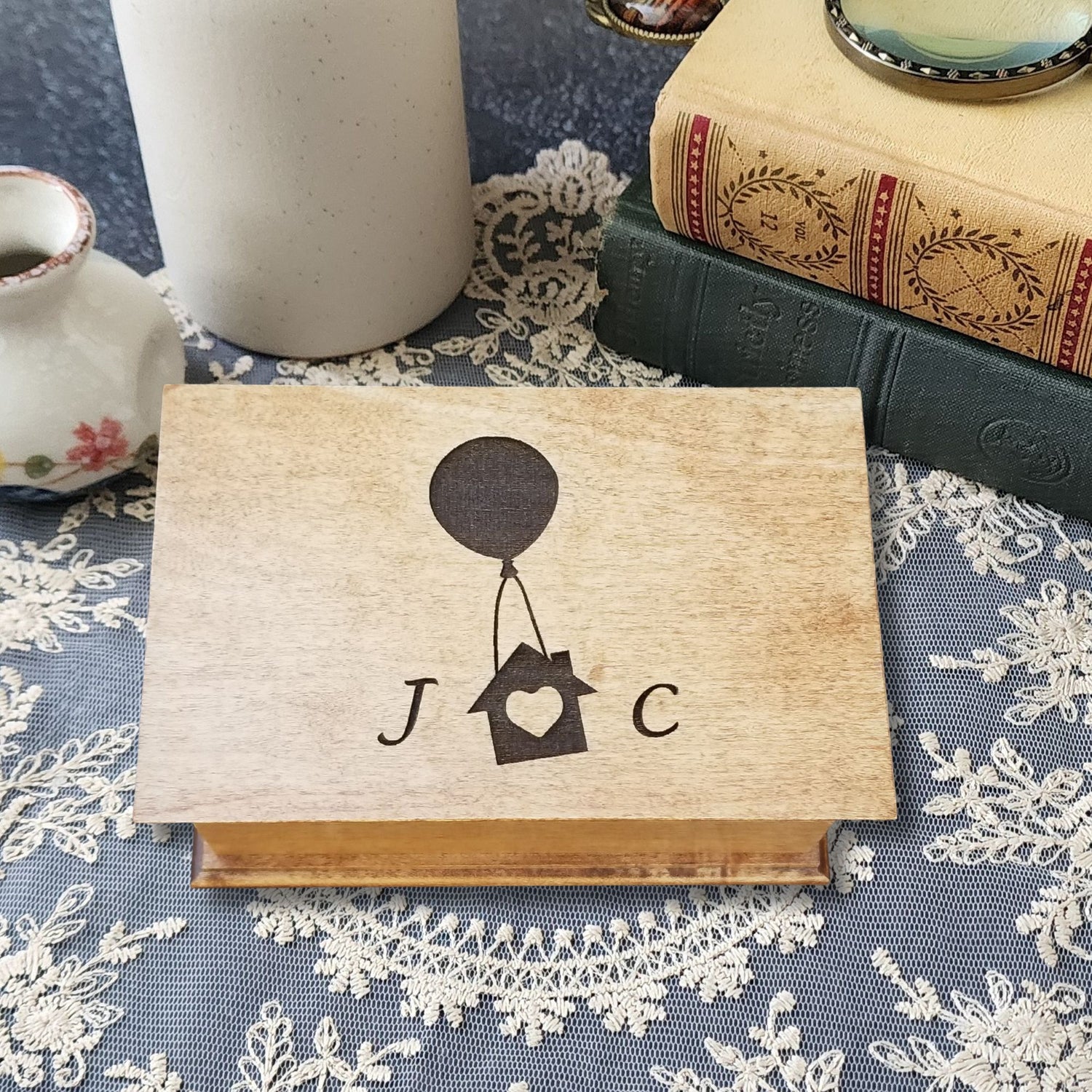 Balloon House Flying Up Music Box with initials, choose color, add personalized message to the bottom