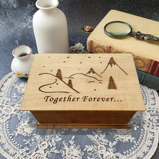 Together Forever engraved jewelry box with snowy mountains, choose color and song