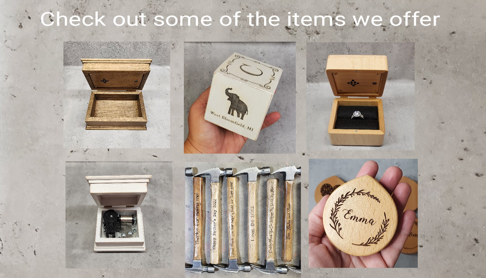 Load video: Introducing our custom made music boxes, jewelry boxes, ring boxes, engraved hammers, compact mirrors and baby blocks