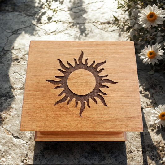 Handcrafted wooden music box with sun engraving on the lid, choice of color – plays “You Are My Sunshine"