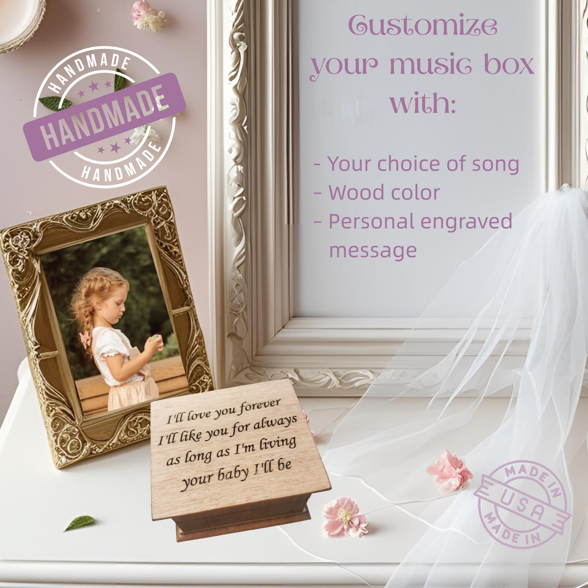 Handmade music box with a photo frame and decorative elements on a white surface.