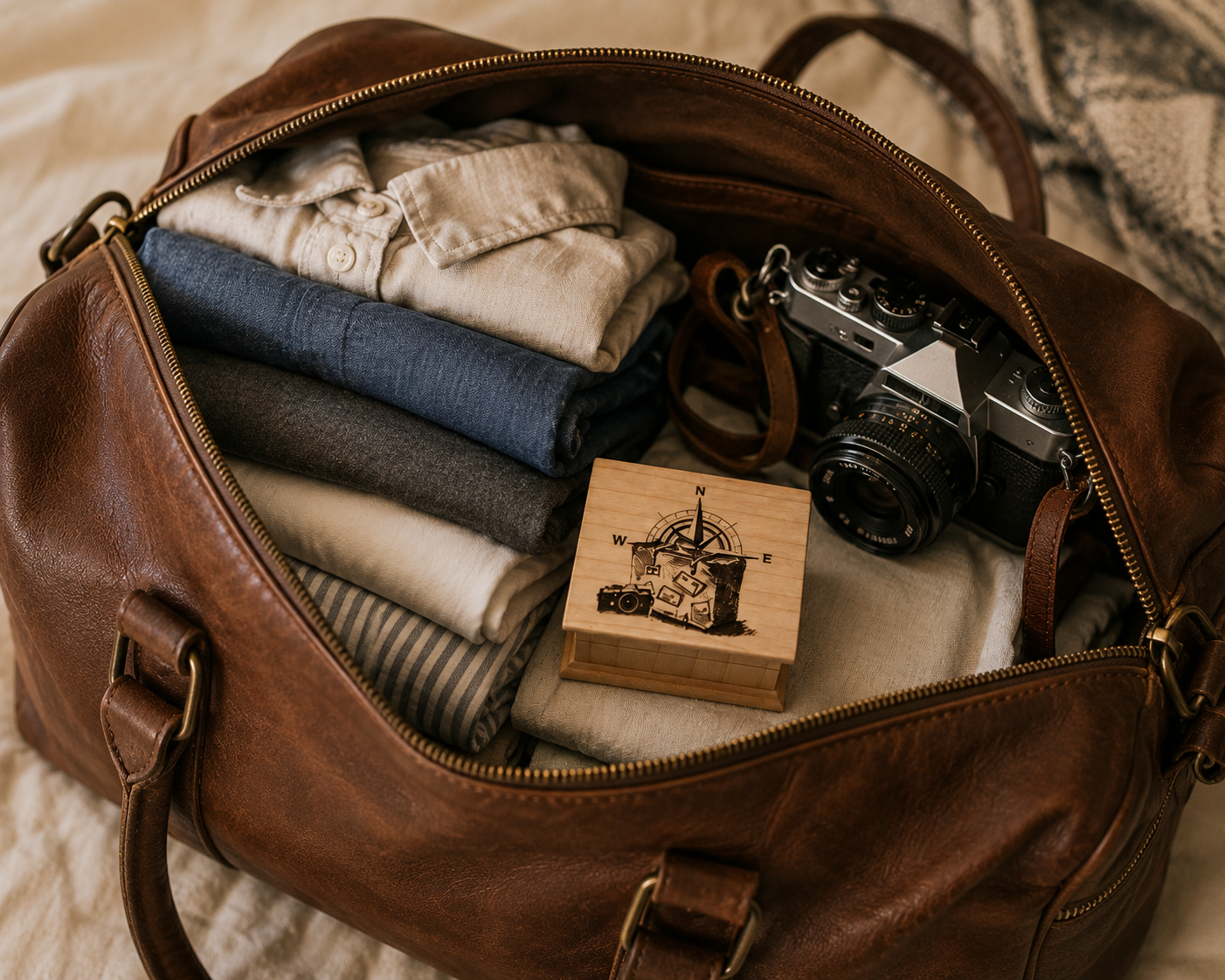 Brown leather duffel bag with clothes, a camera, and a wooden music box on a textured surface.