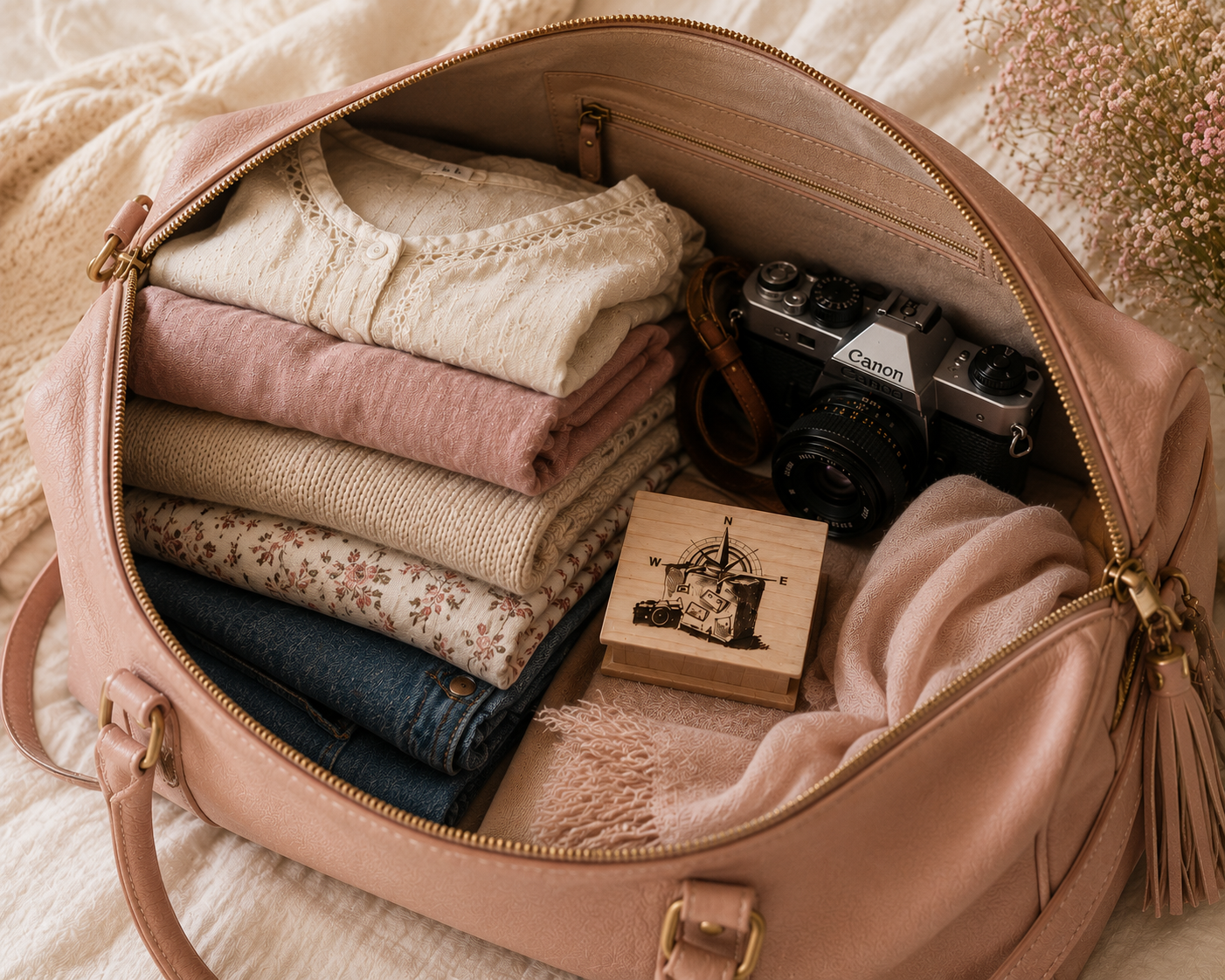 Open pink handbag containing folded clothes, a camera, and a wooden music box on a soft surface.