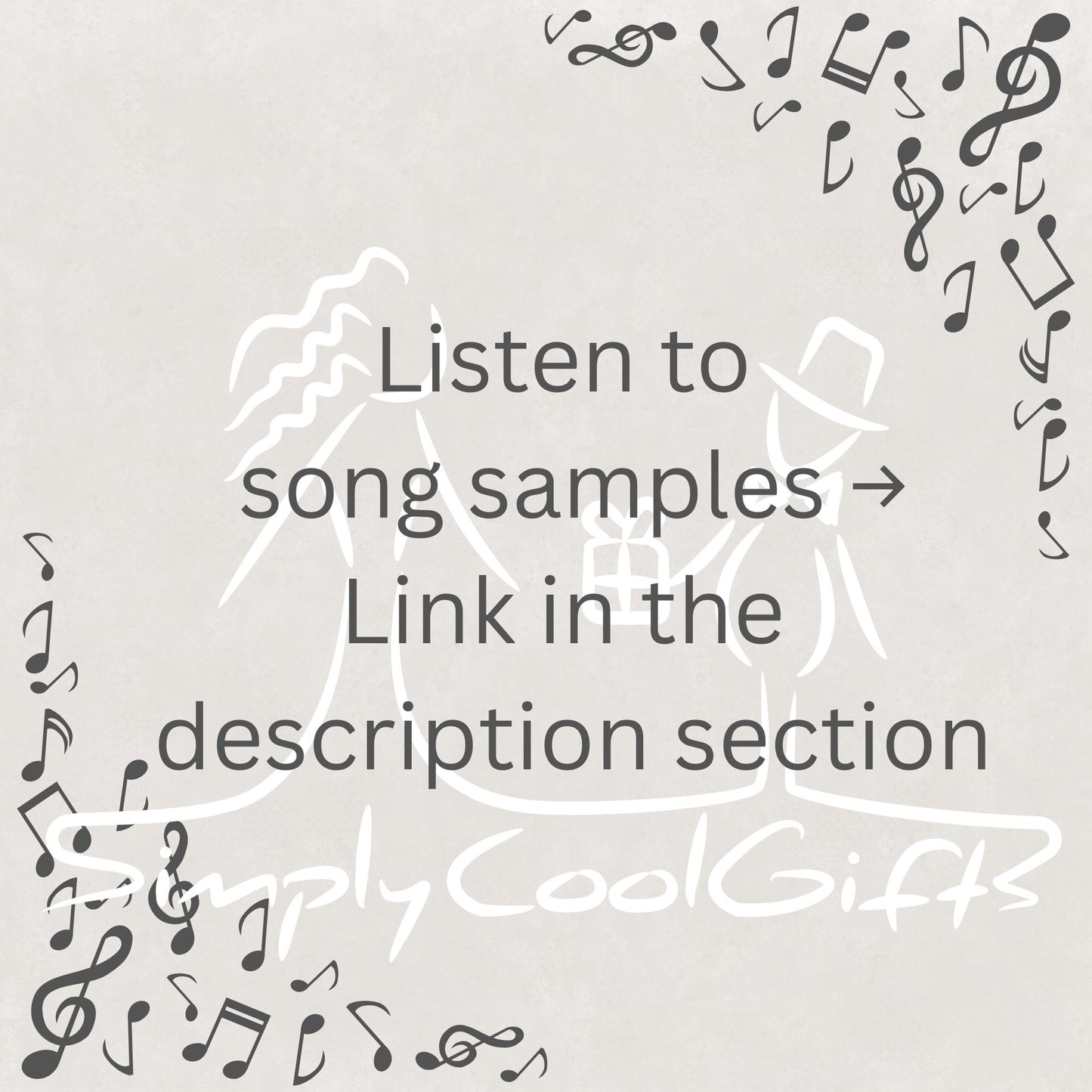 Text inviting listeners to sample songs with music notes around on a light gray background