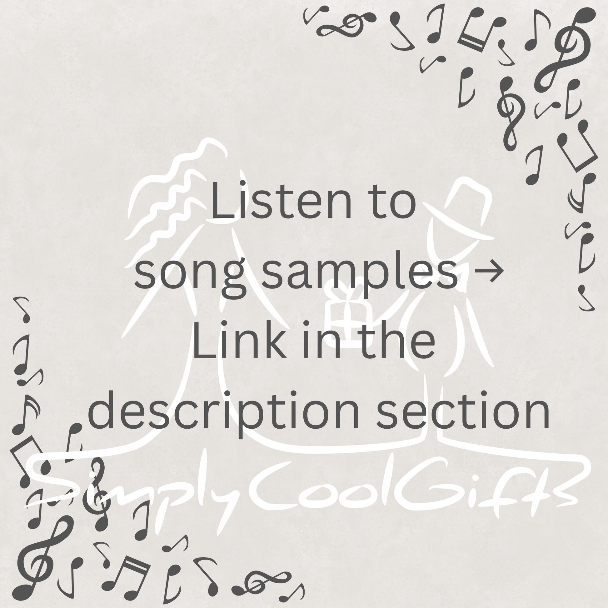 Text inviting listeners to sample songs with music notes around on a light gray background