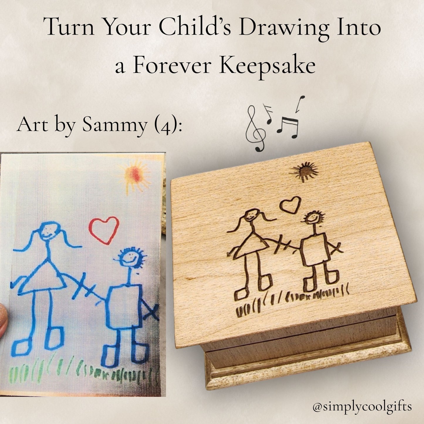 Kids Drawing Music Box – Child Artwork Engraved Gift for Mom – Personalized Wind Up Music Box from Kids – Mother’s Day Keepsake