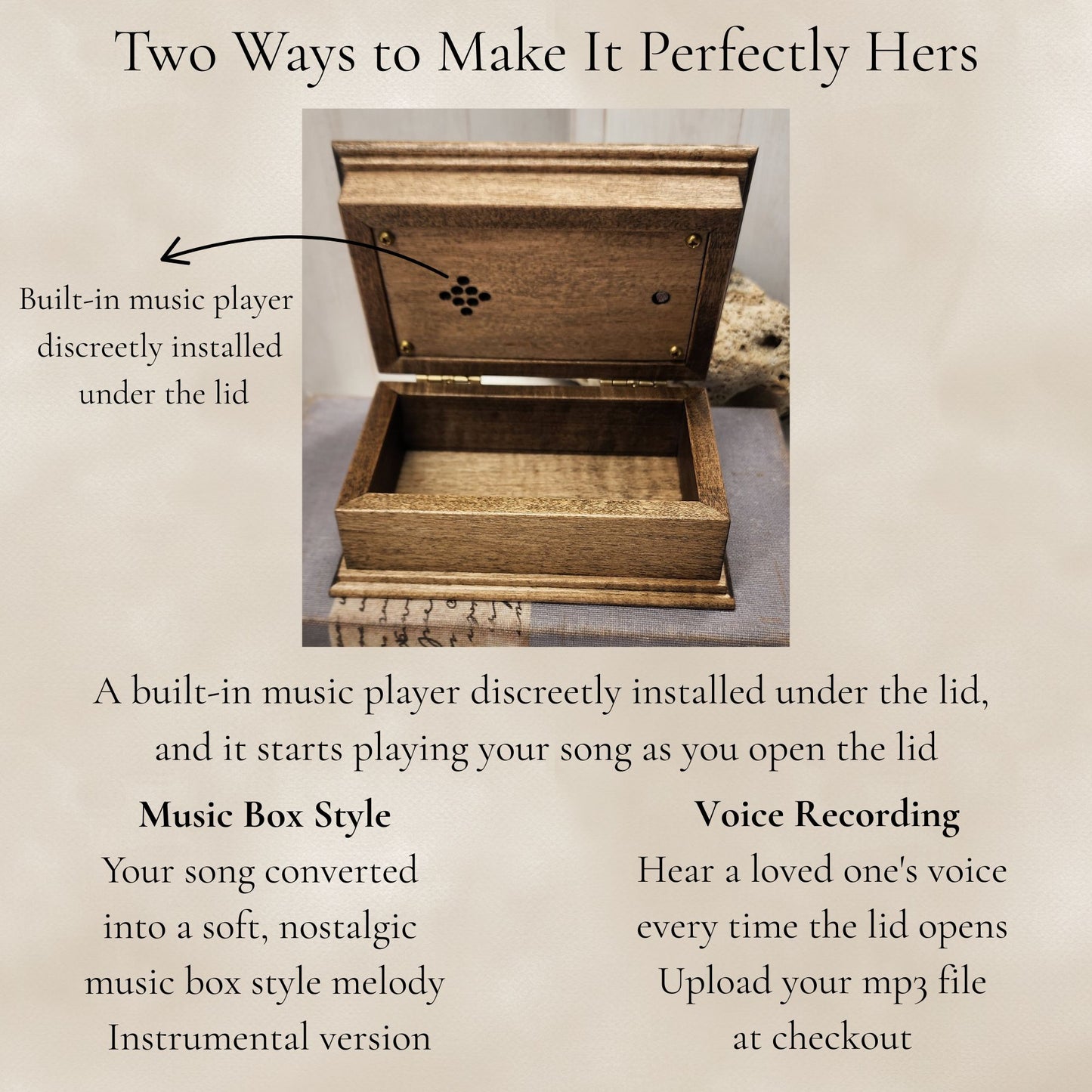 Custom Song Jewelry Box with an open lid showing the holes for the speaker and light sensor explaining you have 2 options. 
1) to add your song choice that we convert into music box sound, 
2) to upload your voice recording