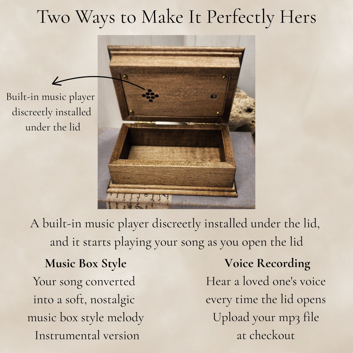 Custom Song Jewelry Box with an open lid showing the holes for the speaker and light sensor explaining you have 2 options. 
1) to add your song choice that we convert into music box sound, 
2) to upload your voice recording