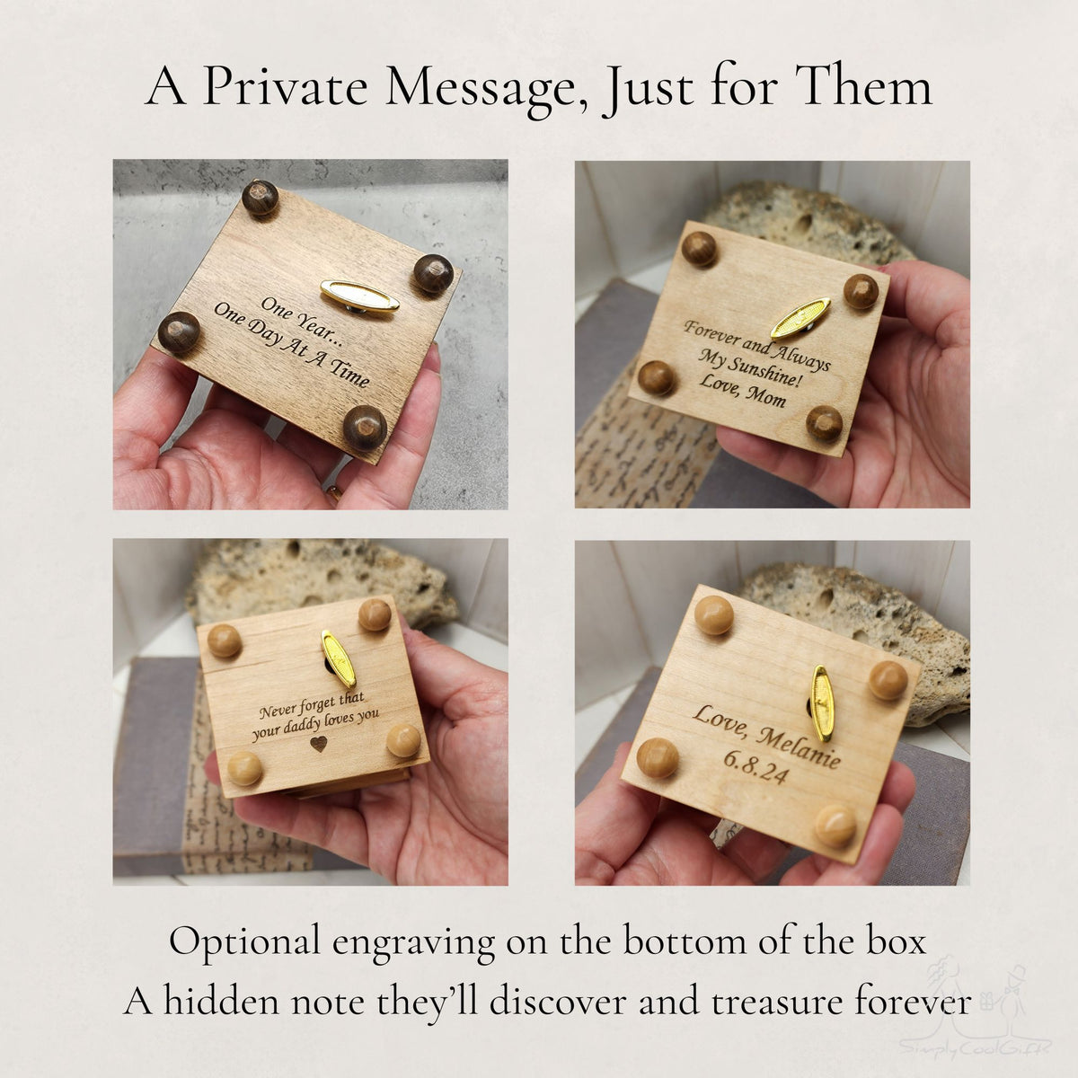 Wooden music box held by hands with engraved text, set against a neutral background.