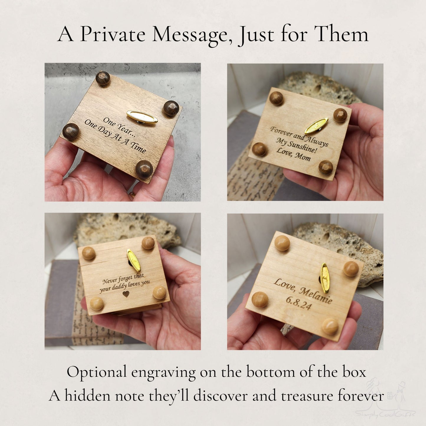 Wooden music box held by hands with engraved text, set against a neutral background.