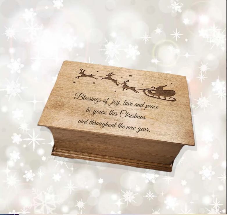Christmas Music Box – Wooden Keepsake with Santa Sleigh & Blessing Engraving, Custom Song Holiday Gift