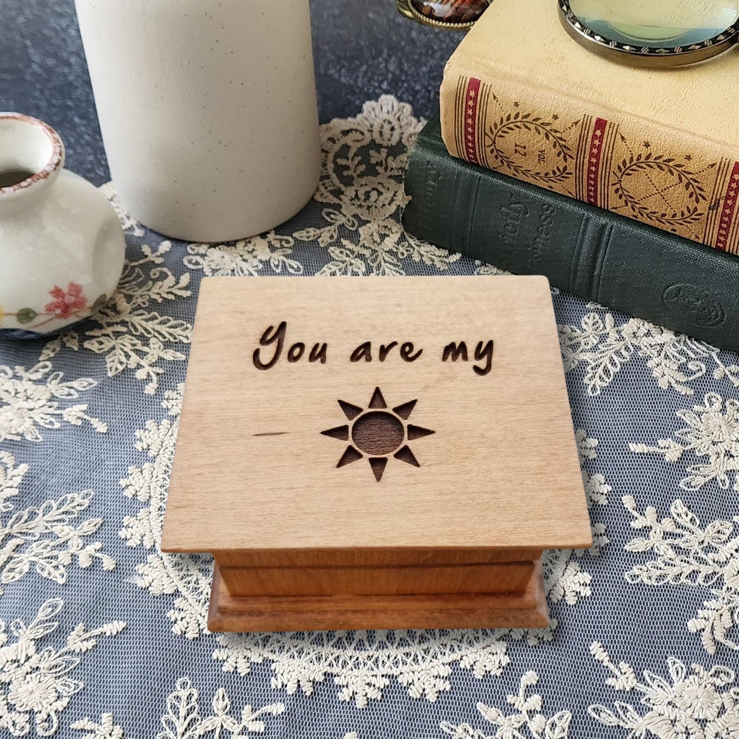 engraved music box with a You are my sunshine design