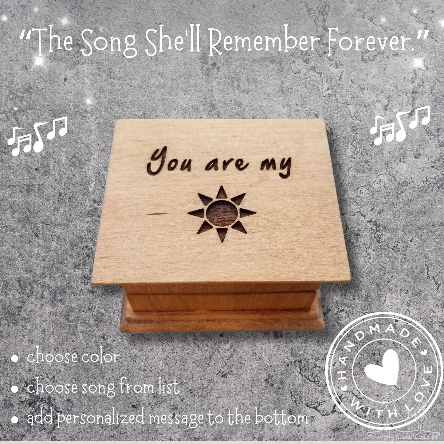 You Are My Sunshine Music Box – Small Wind Up Wooden Keepsake – Personalized Gift for Mom, Baby, Daughter or Loved One – 16 Colors, 80 Songs